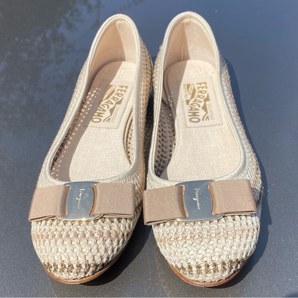 Salvatore Ferragamo Cream Flats with Woven Design
